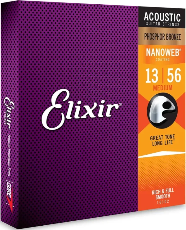 Elixir Phosphor Bronze Nanoweb Guitar Strings, Medium, 13-56